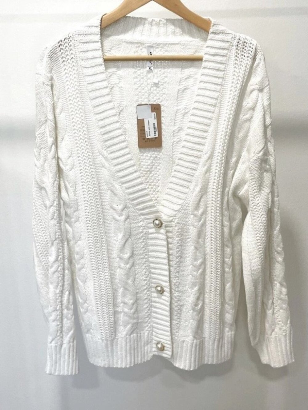 White Cable Knit Cardigan Faux Pearl Buttons Cottagecore Coquette Soft Girl